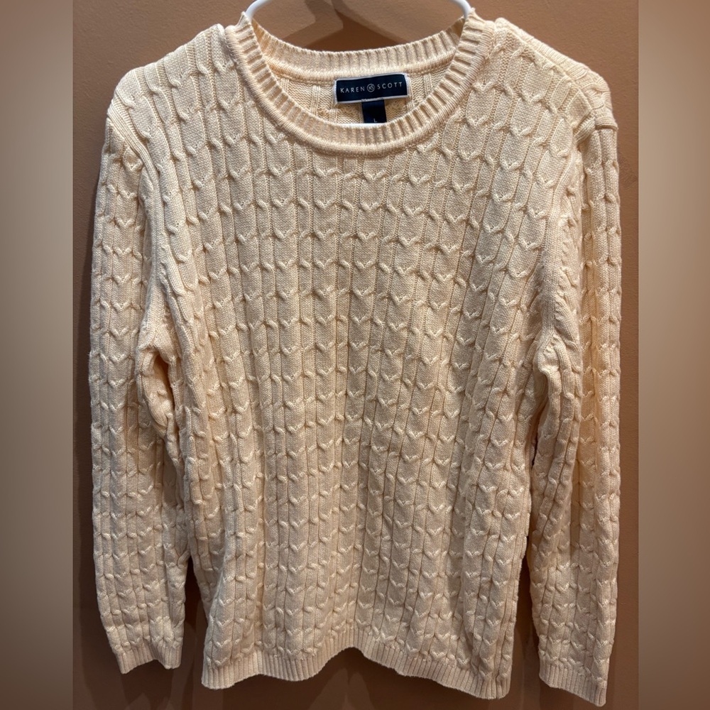 Karen Scott Cream Cotton Cable Knit Sweater Size Large